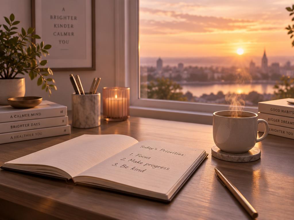 Le même bureau au lever du soleil, rangé, avec un carnet ouvert sur trois priorités écrites et une tasse fumante, dans une lumière dorée et mauve